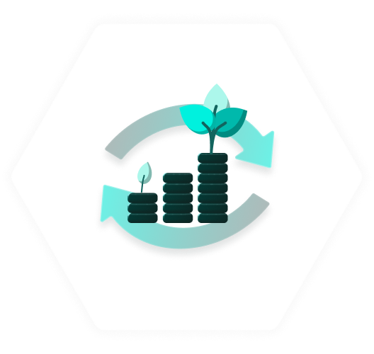 Sustainable token-economy cycle illustrated with growing coin stacks and reinvestment loop