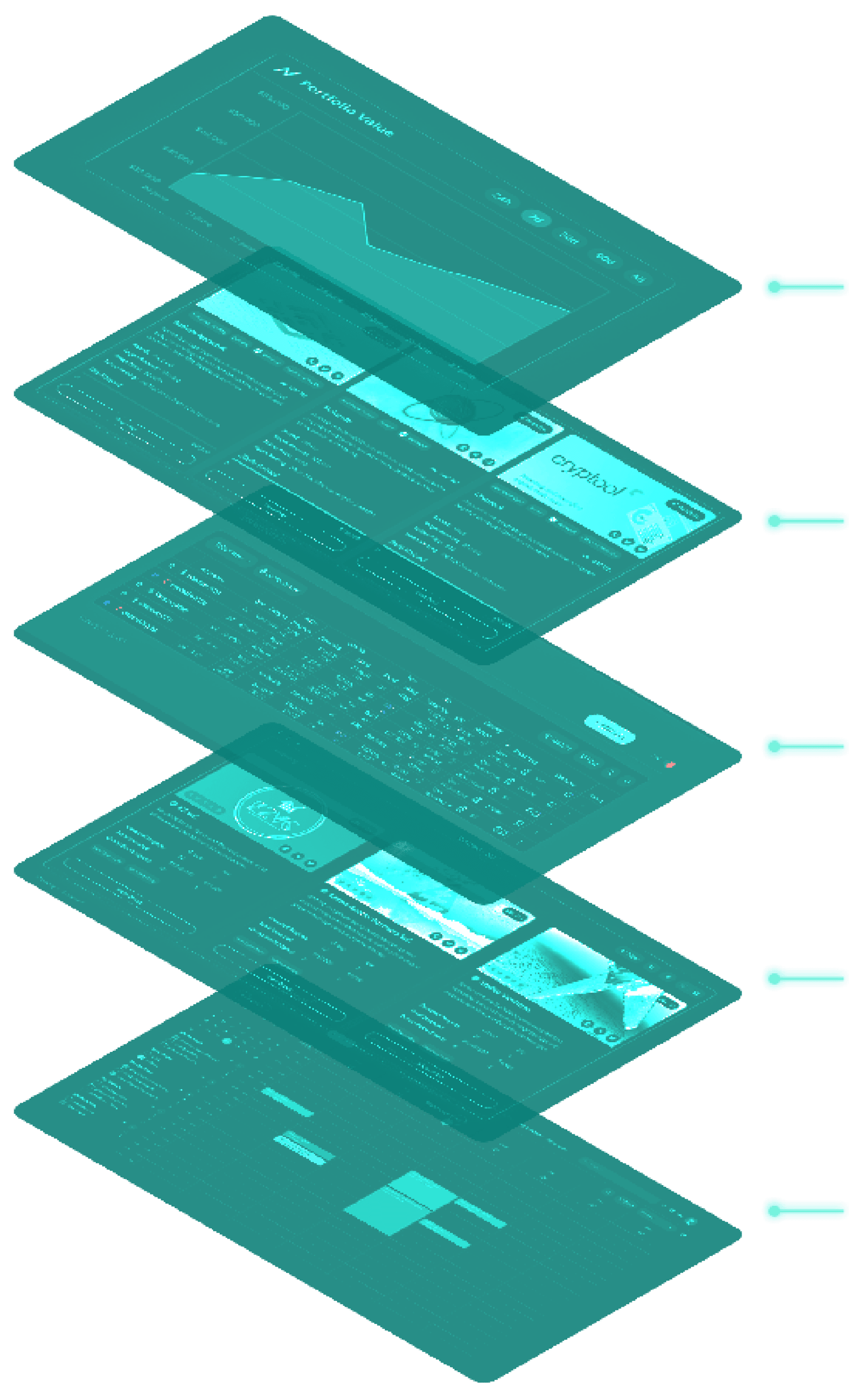Exploded view of Cryptool's platform layers — portfolio, raise, market, invest, calendar, and core surfaces stacked in 3D